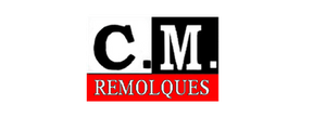 Logotipo para "CM REMOLQUES": letras negras CM con un recuadro negro, sobre el texto rojo "REMOLQUES".