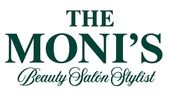 Logotipo del salón de belleza THE MONI'S en texto verde oscuro sobre fondo blanco.