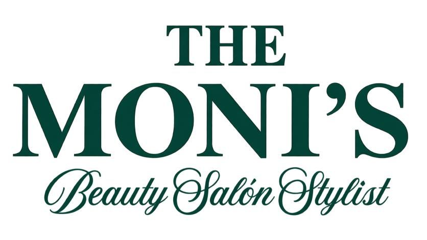 Logotipo del sal&oacute;n de belleza THE MONI'S en texto verde oscuro sobre fondo blanco.