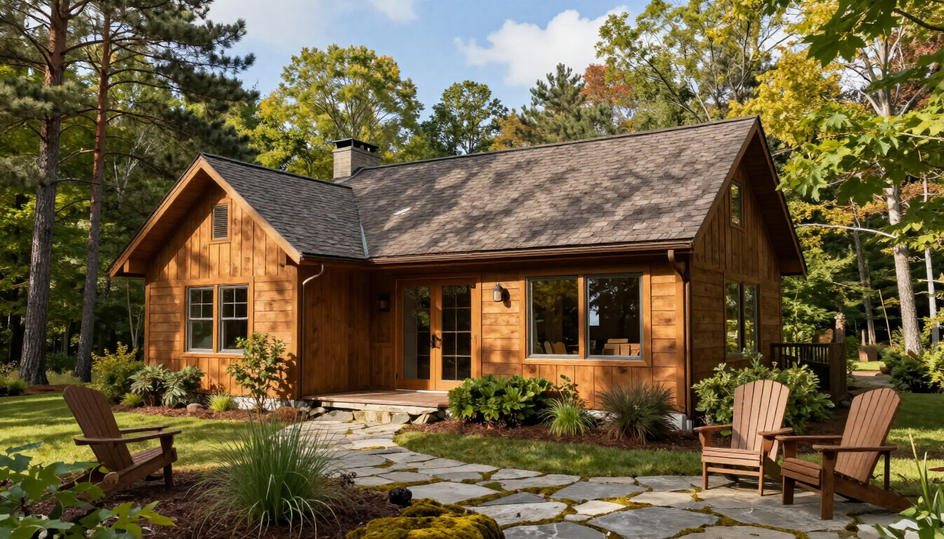 Cozy log cabin with stone path, Adirondack chairs, and autumn trees in a wooded yard