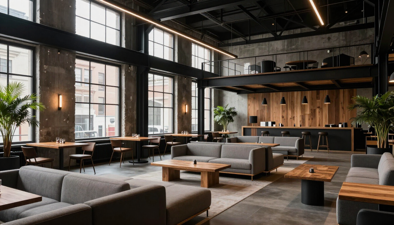 Salón de estilo industrial moderno con sofás, mesas de madera, grandes ventanales e iluminación cálida.