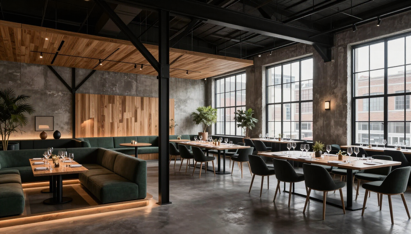 Interior de restaurante de estilo industrial moderno con mesas de madera, sillas negras y grandes ventanales.
