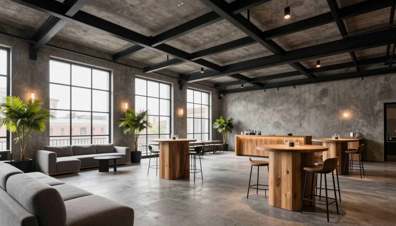 Oficina moderna de planta abierta con sala de estar, sofás, mesas de madera, grandes ventanales y vigas de techo a la vista.