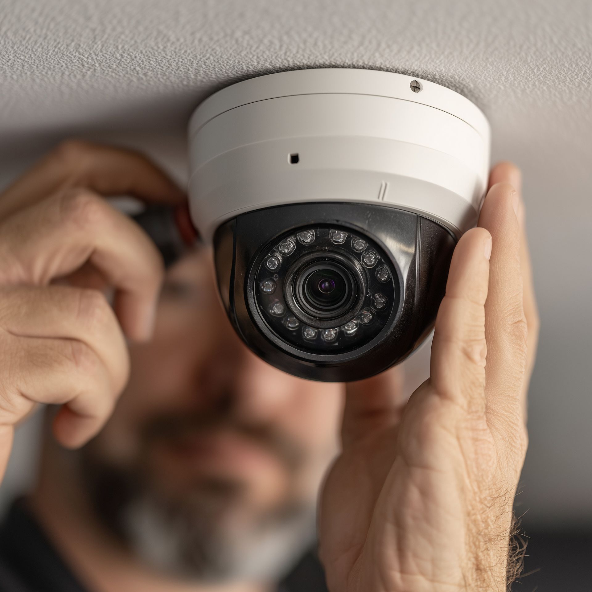 Un ouvrier installant une caméra de sécurité dôme au plafond.