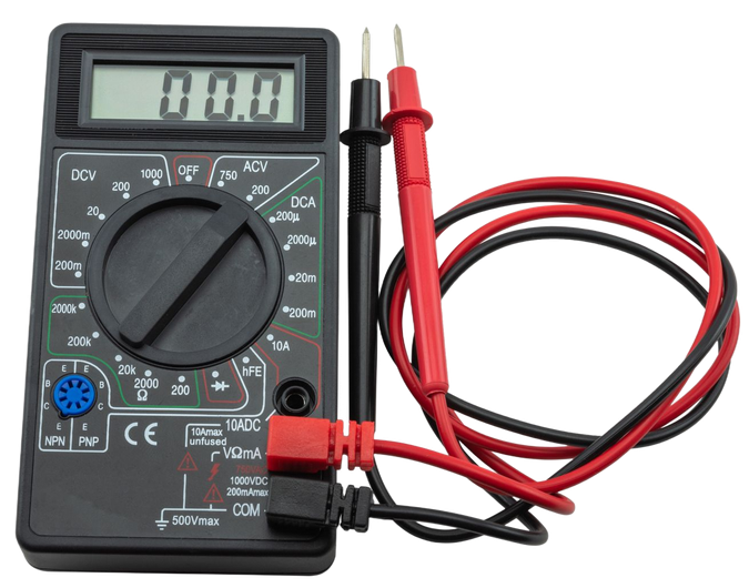 Multimètre numérique avec boîtier noir et cordons de test rouge et noir affichant 00.0.