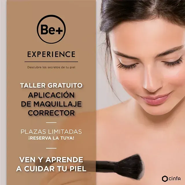 Un anuncio de be + experience muestra a una mujer con un cepillo en la cara.