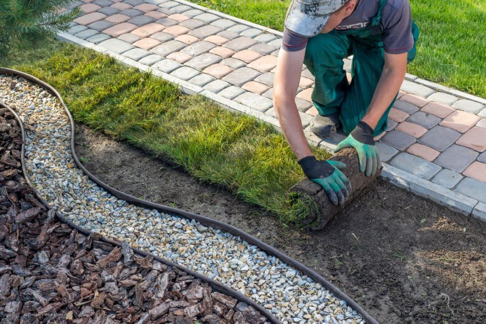 Ein Mitarbeiter von Sommer Garten- und Landschaftsbau verlegt einen Rasen