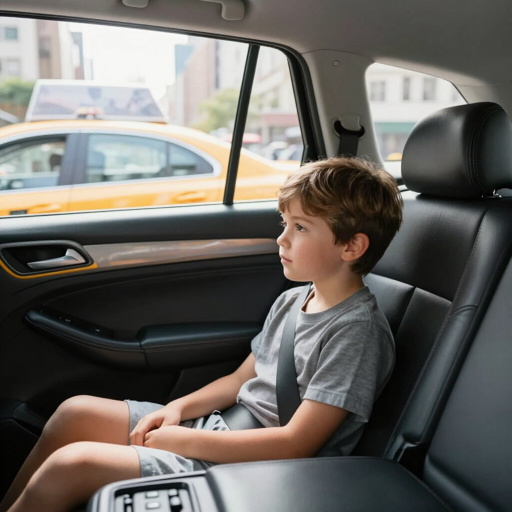 Un enfant assis sur le siège arrière d'une voiture regarde par la fenêtre la circulation urbaine à l'extérieur.