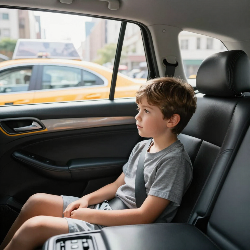 Un enfant assis sur le siège arrière d'une voiture regarde par la fenêtre la circulation urbaine à l'extérieur.