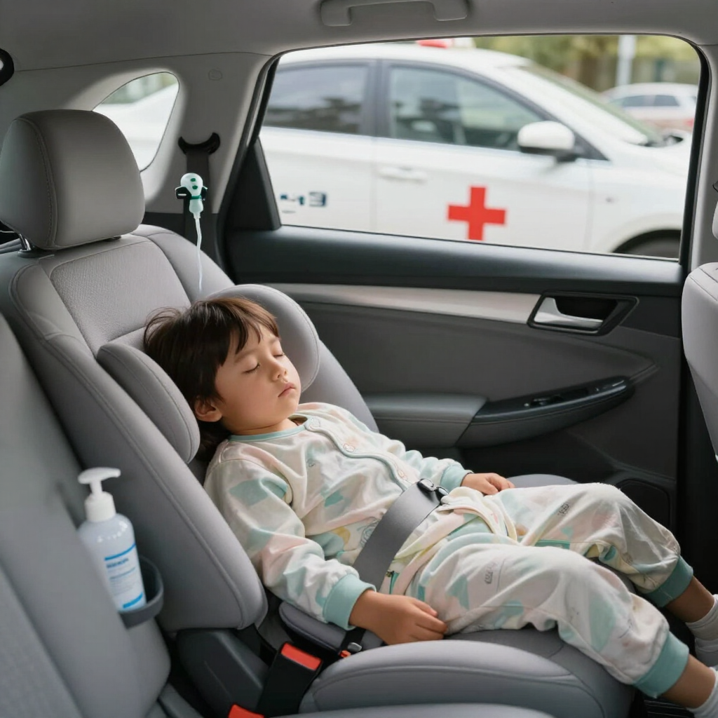 Un enfant dort dans un siège auto gris à côté d'un flacon de gel hydroalcoolique, une ambulance est visible par la fenêtre.