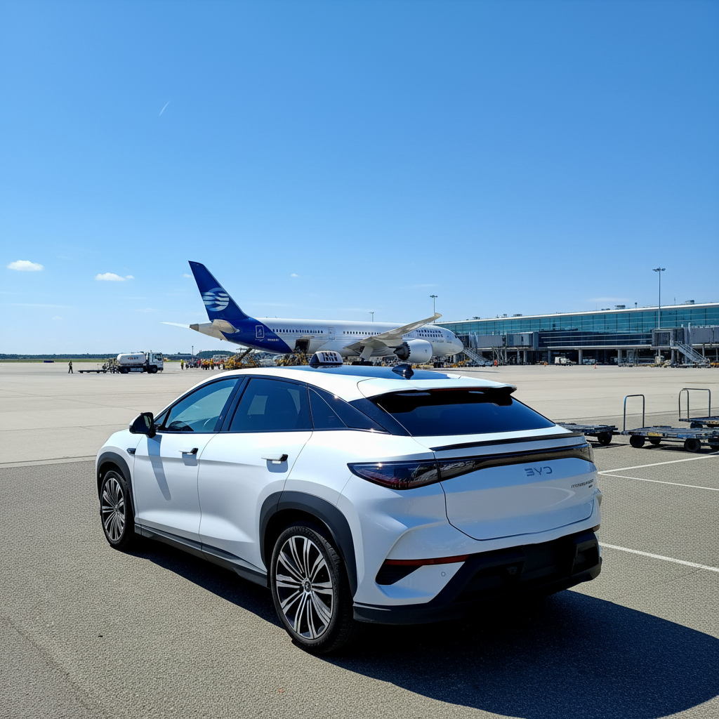 Un SUV blanc est stationné sur le tarmac d'un aéroport, avec un avion bleu en arrière-plan.