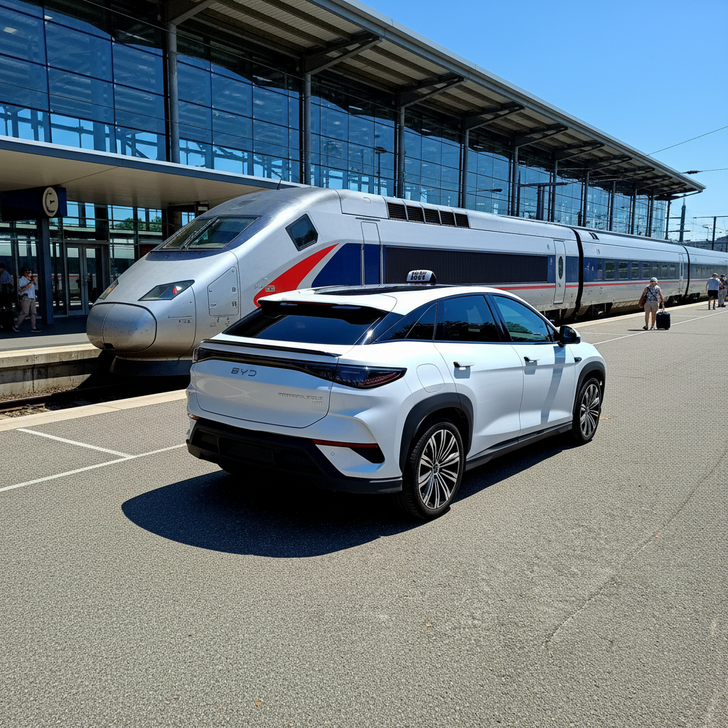 Un SUV blanc garé dans une gare, à côté d'un élégant train à grande vitesse argenté.