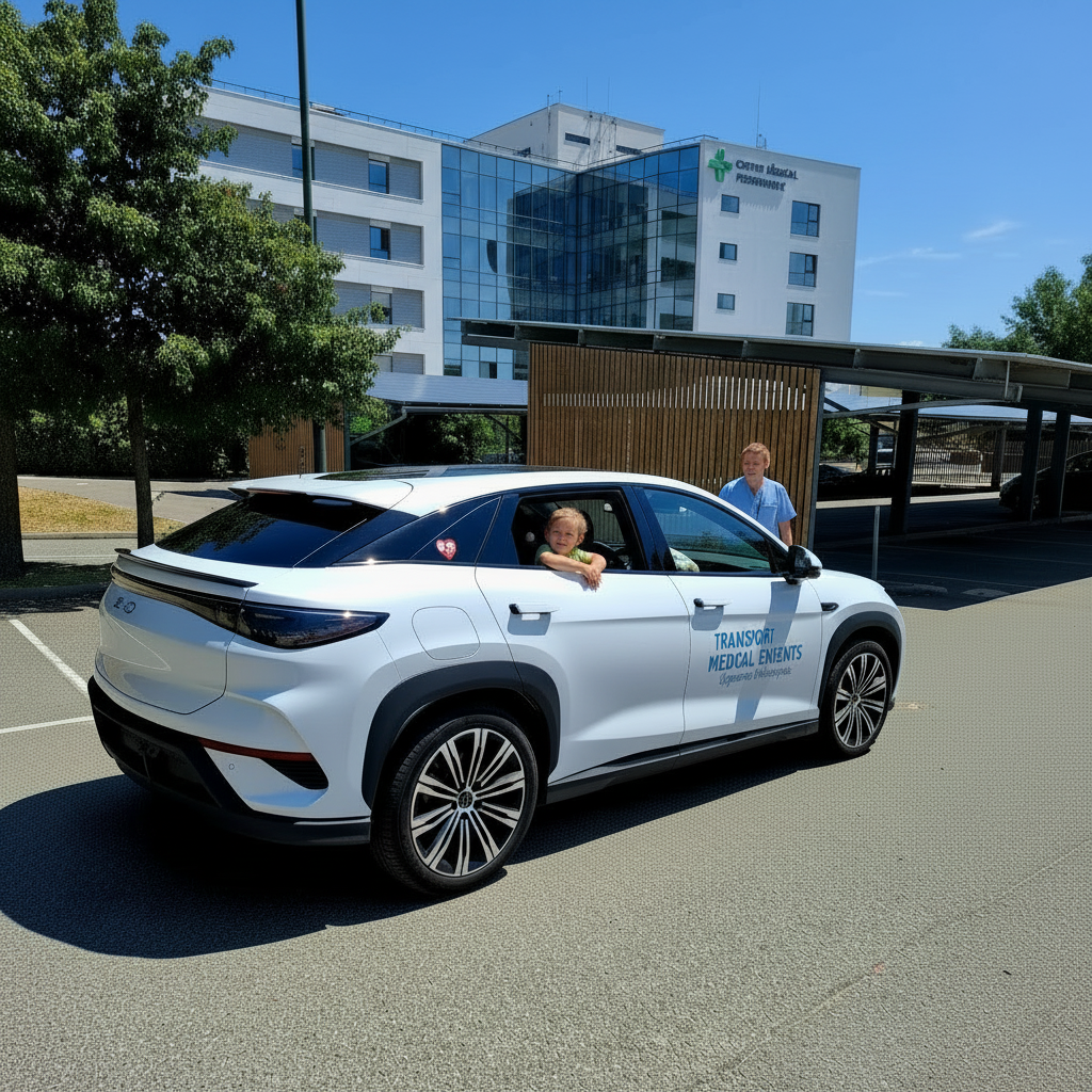 SUV électrique blanc avec conducteur à bord, garé à côté d'un bâtiment moderne par une journée ensoleillée.