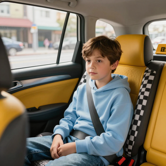 Un enfant portant un sweat-shirt bleu, assis avec sa ceinture de sécurité dans un taxi jaune, regarde par la fenêtre.