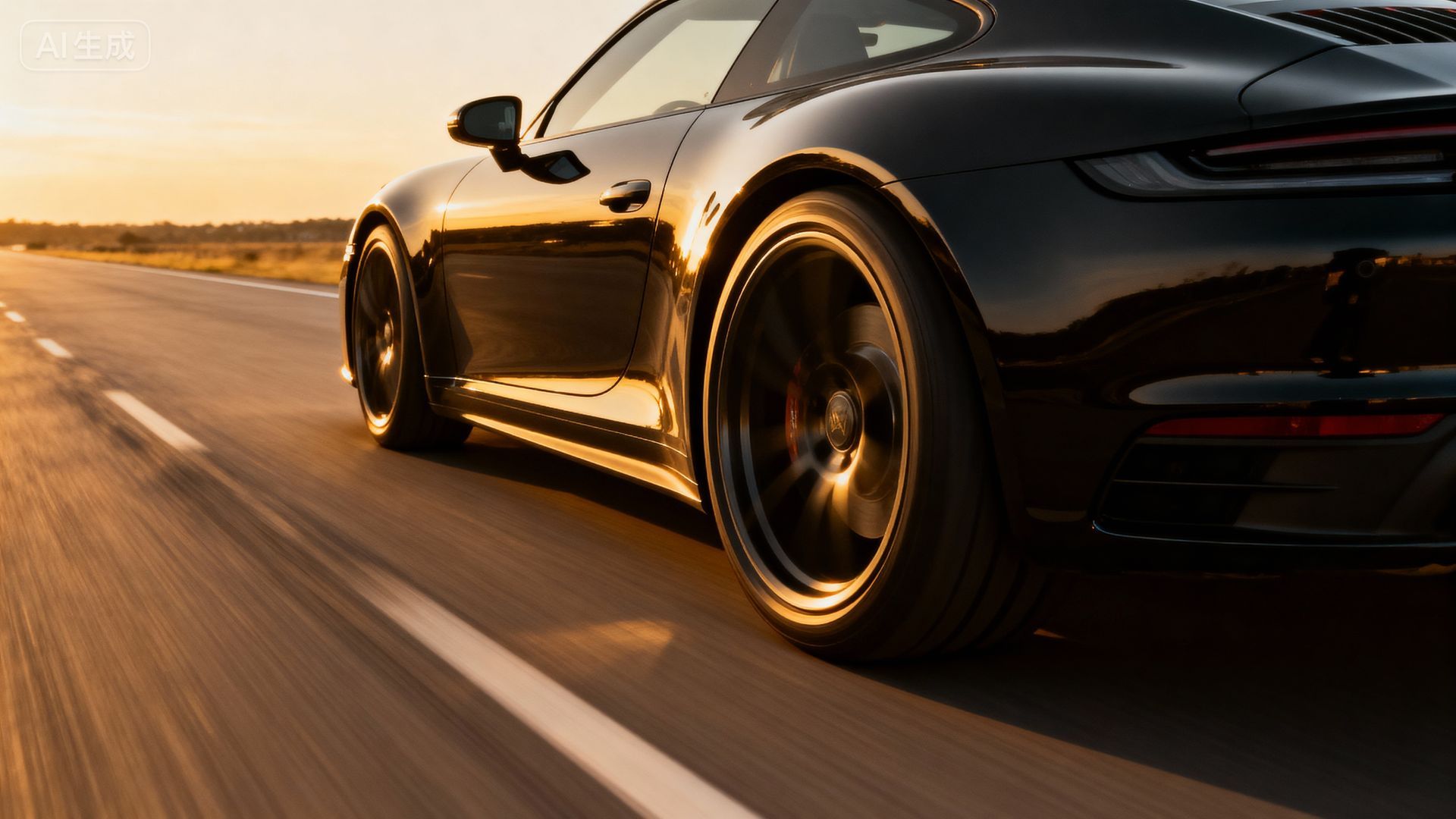 Voiture de sport noire roulant à vive allure sur une autoroute ensoleillée au coucher du soleil
