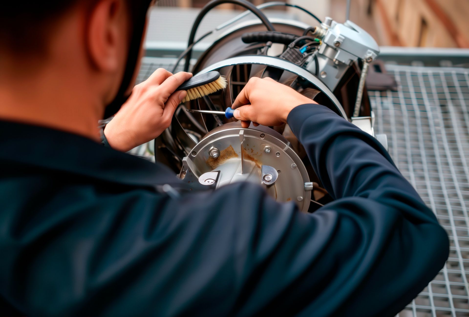 Mecánico limpiando y reparando maquinaria con cepillo y destornillador.