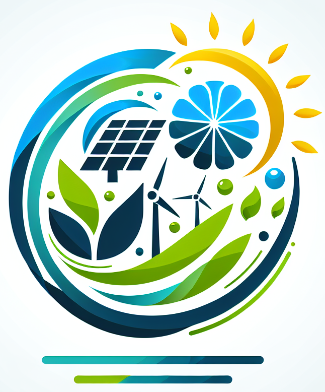 Logotipo de energía renovable con sol, paneles solares, turbinas eólicas y hojas en un círculo azul y verde.