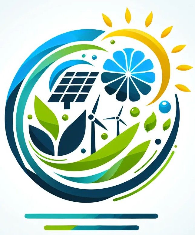 Logotipo de energía renovable con sol, paneles solares, turbinas eólicas y hojas en un círculo azul y verde.