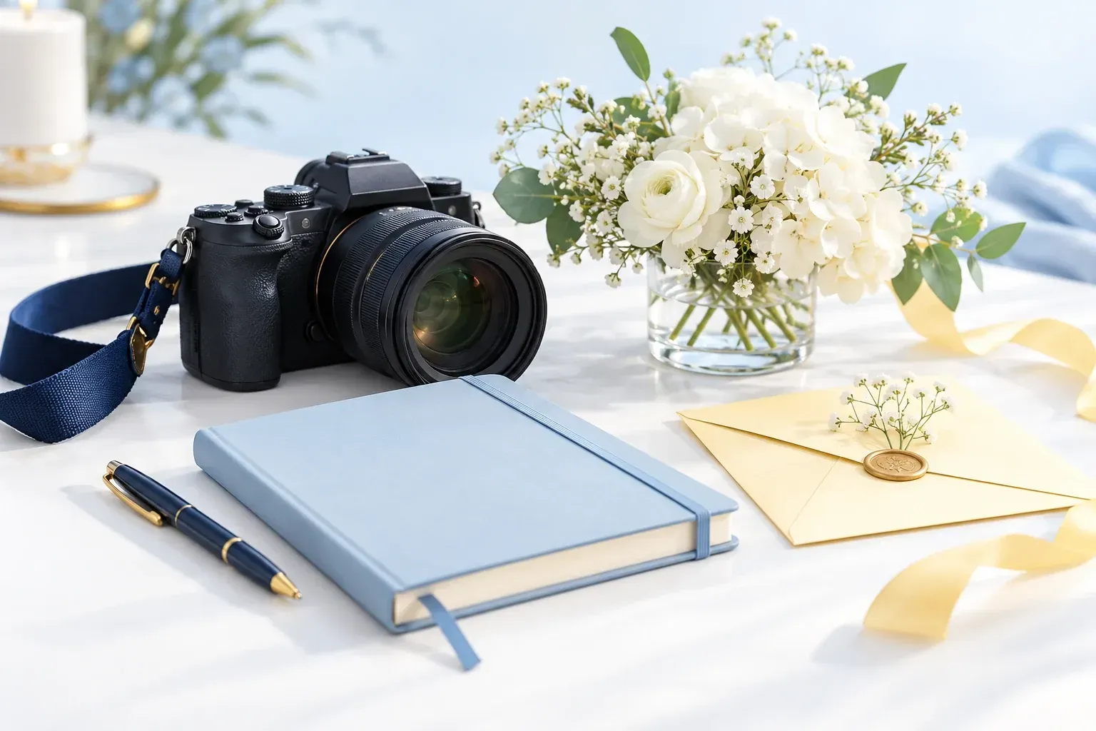 Cámara, agenda y flores para planificar eventos