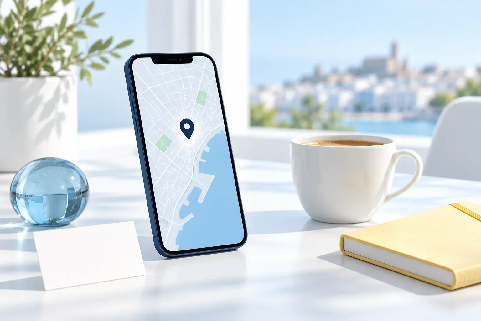 Teléfono con un mapa de ubicación sobre una mesa blanca y azul