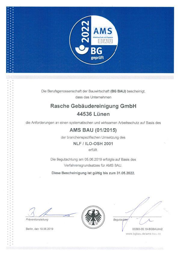 AMS Zertifikat für Rasche Gebäudereinigung.