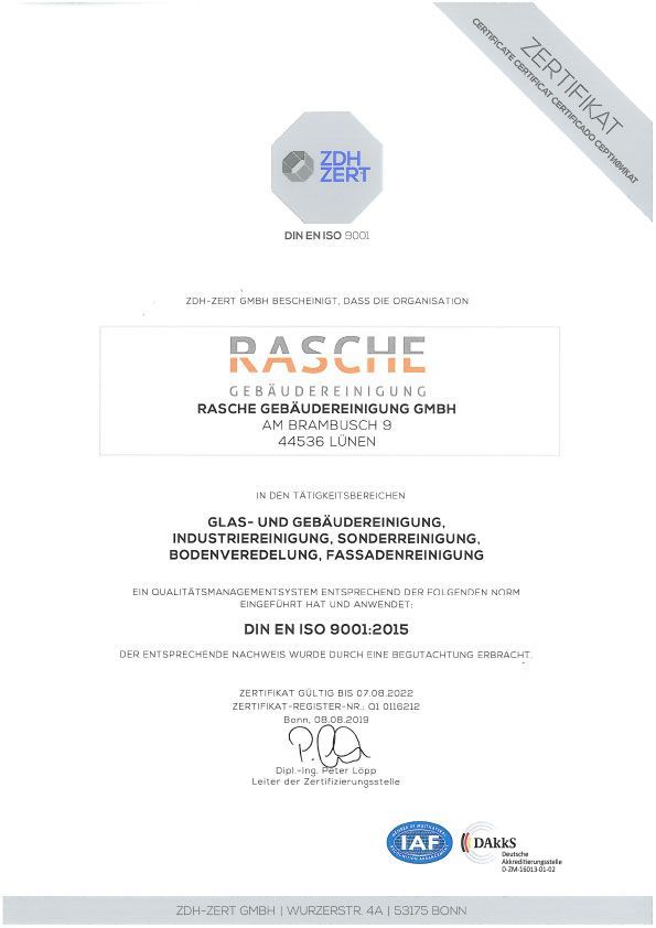 ZDH Zertifikat für Rasche Gebäudereinigung.