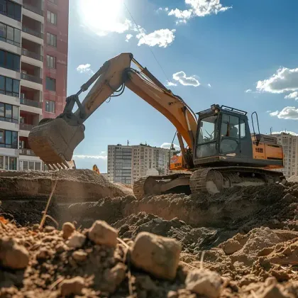 Una excavadora recoge tierra en un sitio de construcción con edificios altos al fondo bajo un cielo azul soleado.