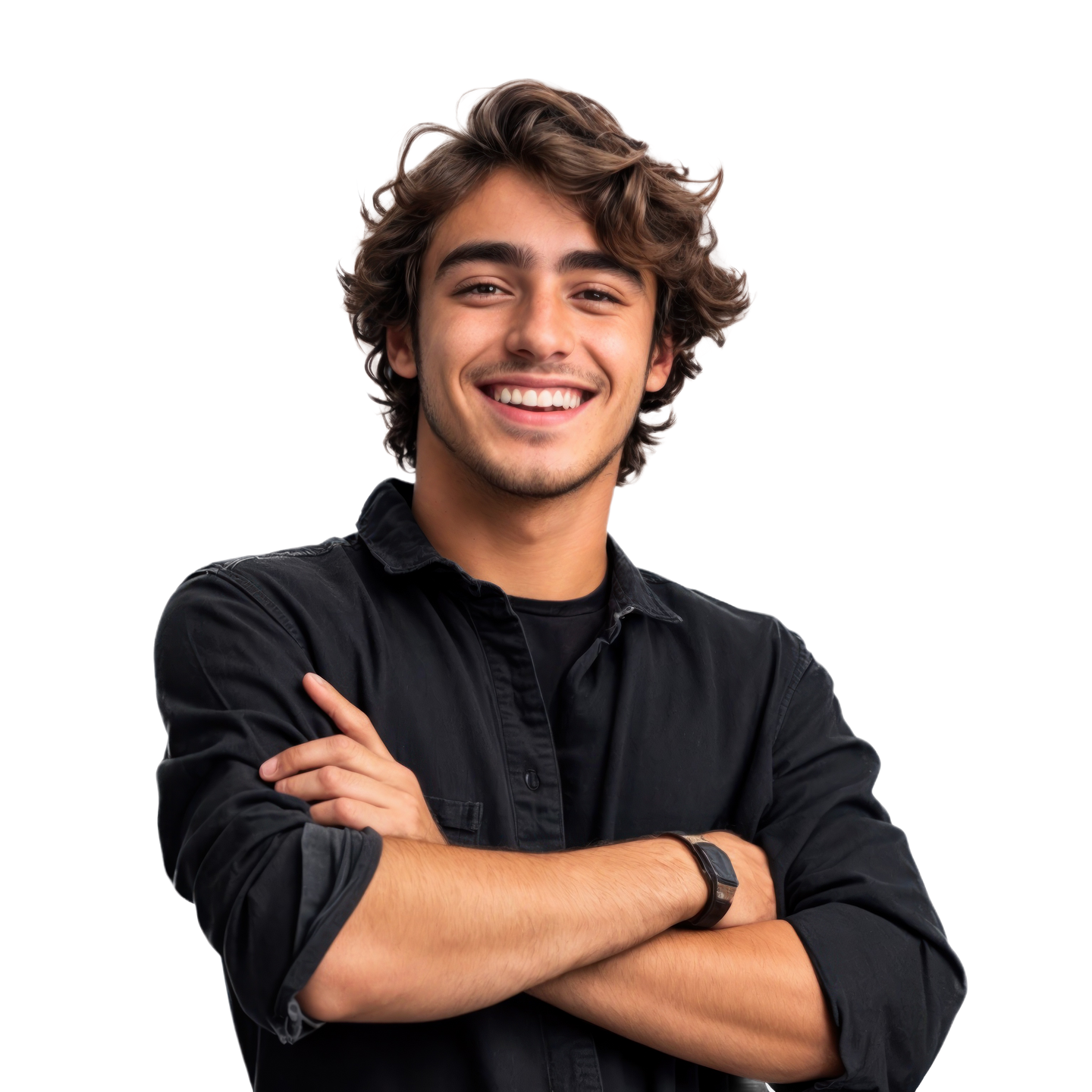 Homme en chemise noire avec les cheveux longs