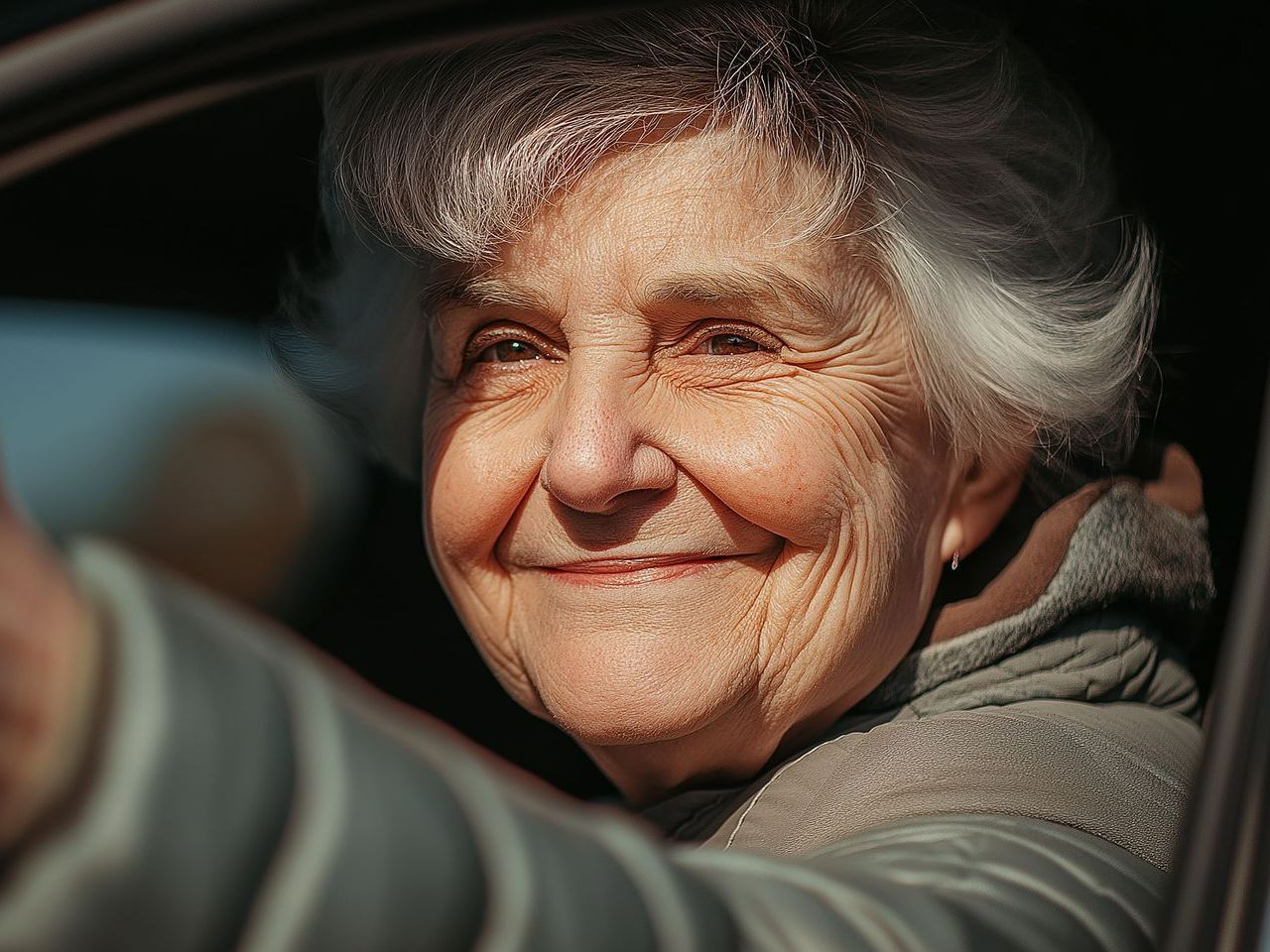 Femme âgée avec le sourire dans une voiture