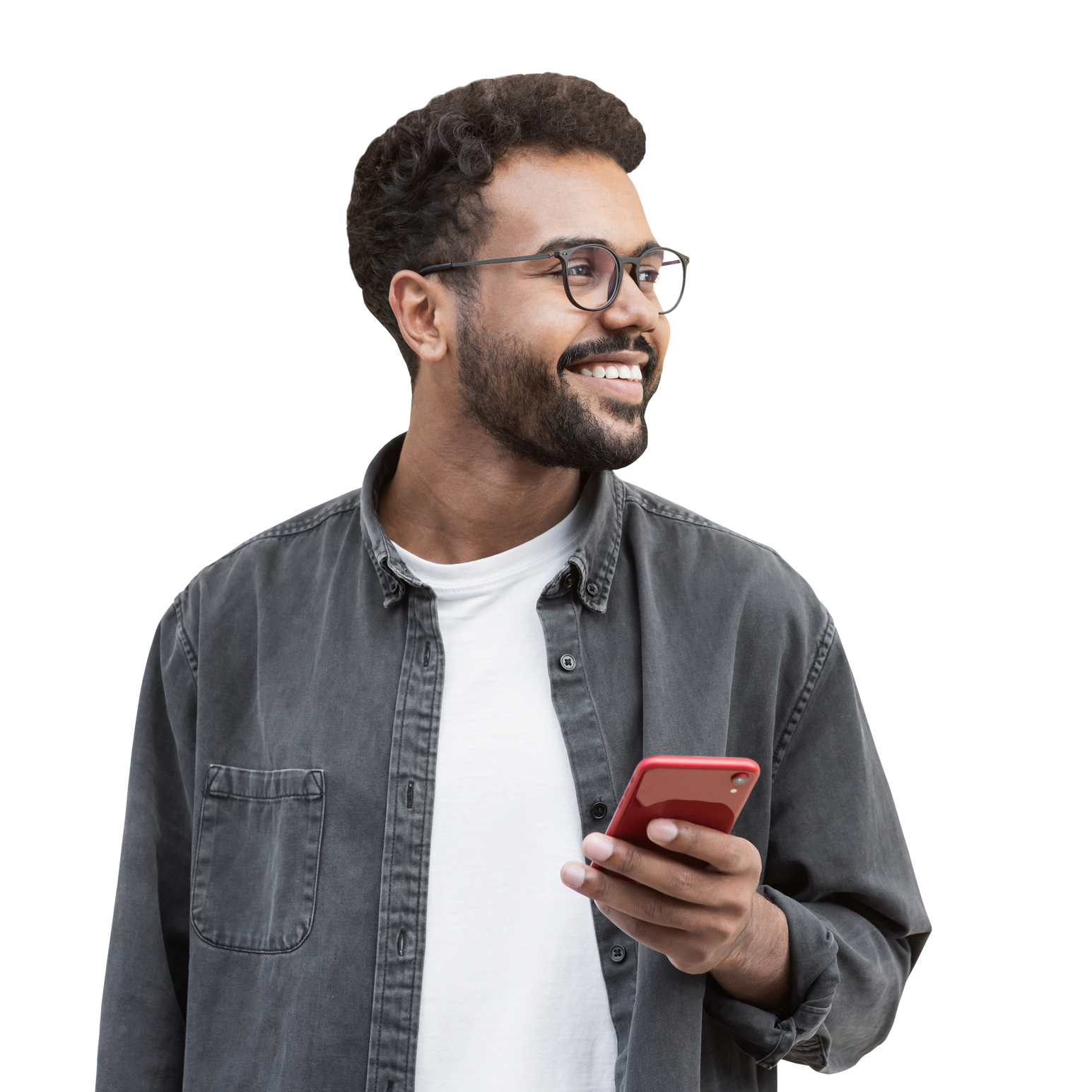 Homme avec un téléphone mobile rouge