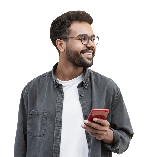 Homme avec un téléphone mobile rouge