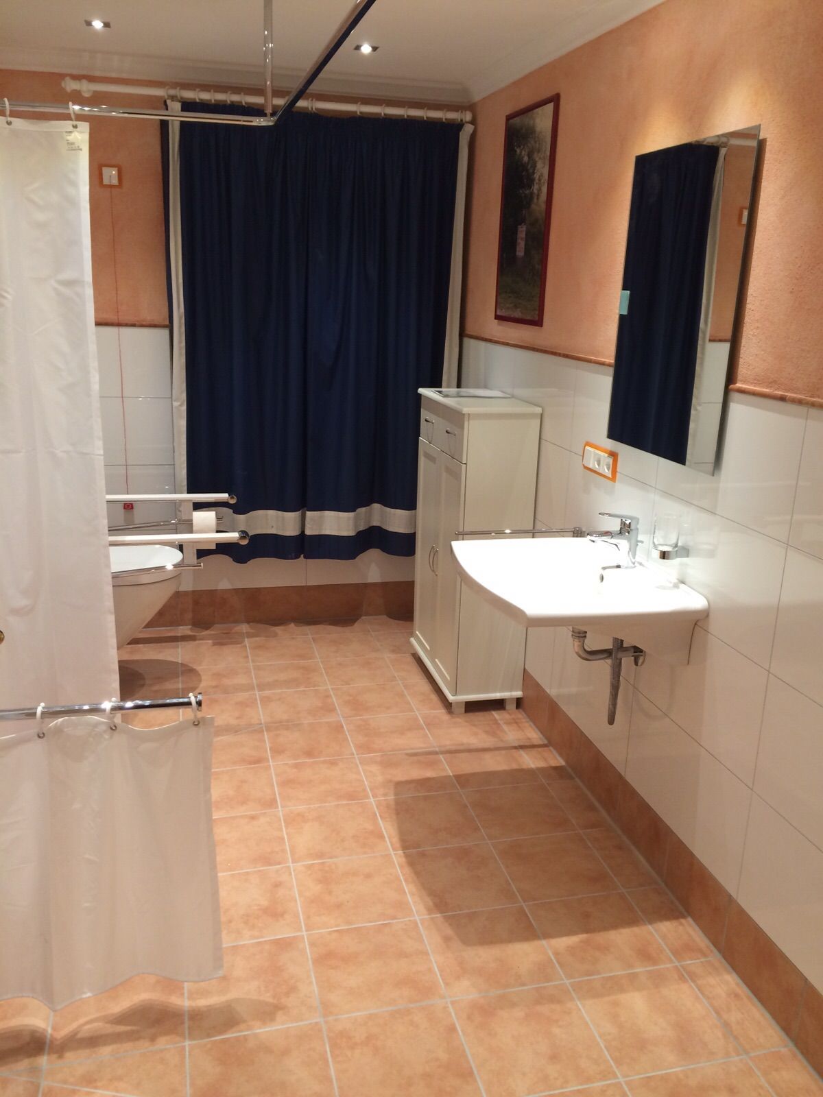 Barrierefreies Badezimmer mit Halterungen und Hockern