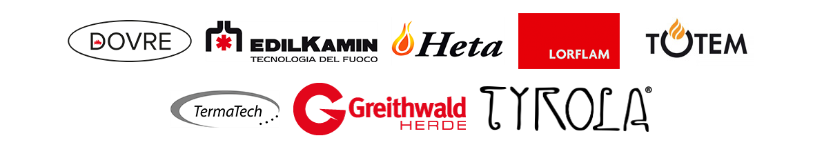 Logo fournisseurs : Dovre, Edilkamin, Heta, Lorflam, Totem, Termatech, Greithwald, Tyrola.