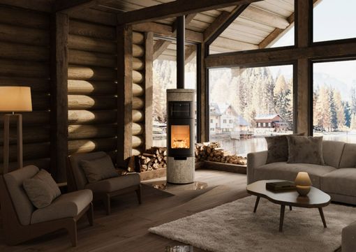 Poêle rectangulaire posé sur une plateforme aspect pierr avec une vitre frontale, des flammes visibles à l’intérieur et des bûches.