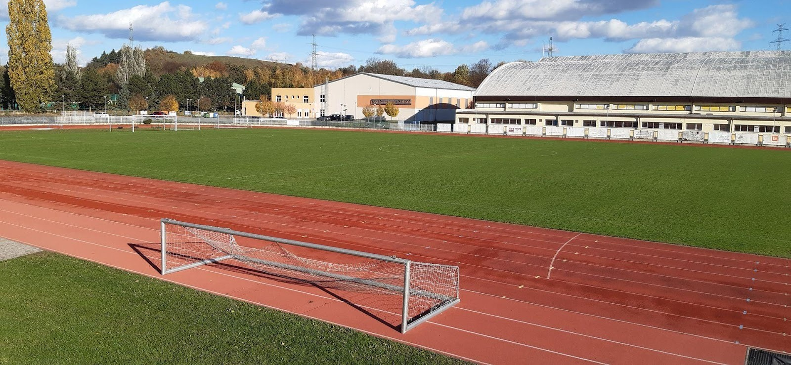 Blick auf einen Fußballplatz mit Laufbahn. Im Hintergrund sind Gebäude und Bäume zu sehen. Strahlend sonniger Tag.