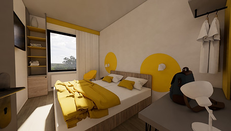 Schlafzimmer mit gelben Akzenten: Bett, Schreibtisch, offener Kleiderschrank, Fenster mit Tageslicht.