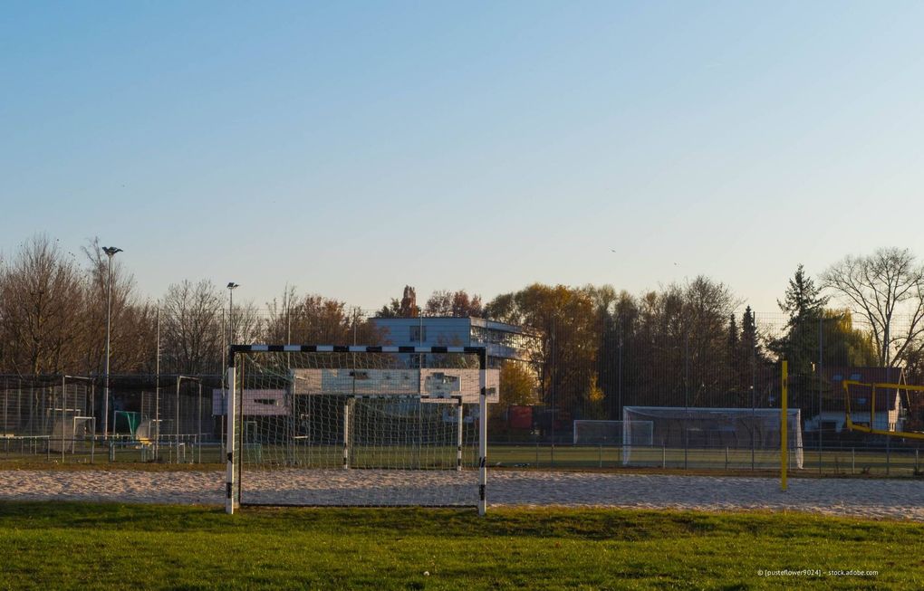 Fußballtor auf grünem Feld, weitere Tore im Hintergrund, Bäume und Gebäude unter blauem Himmel.