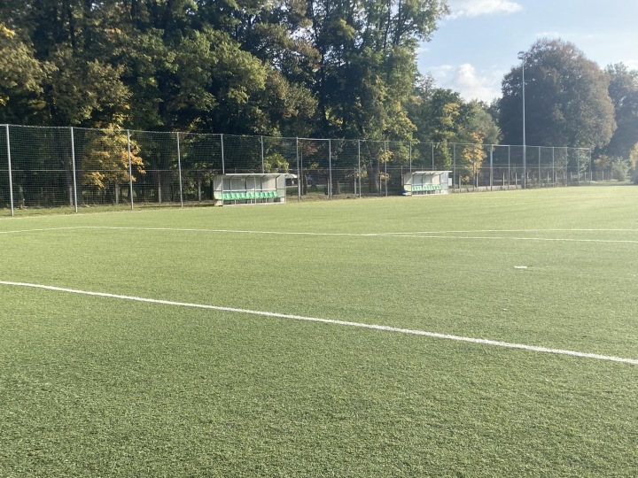 Fußballfeld mit grünem Kunstrasen, weißen Linien, zwei Bänken und einem Zaun; im Hintergrund sind Bäume zu sehen.