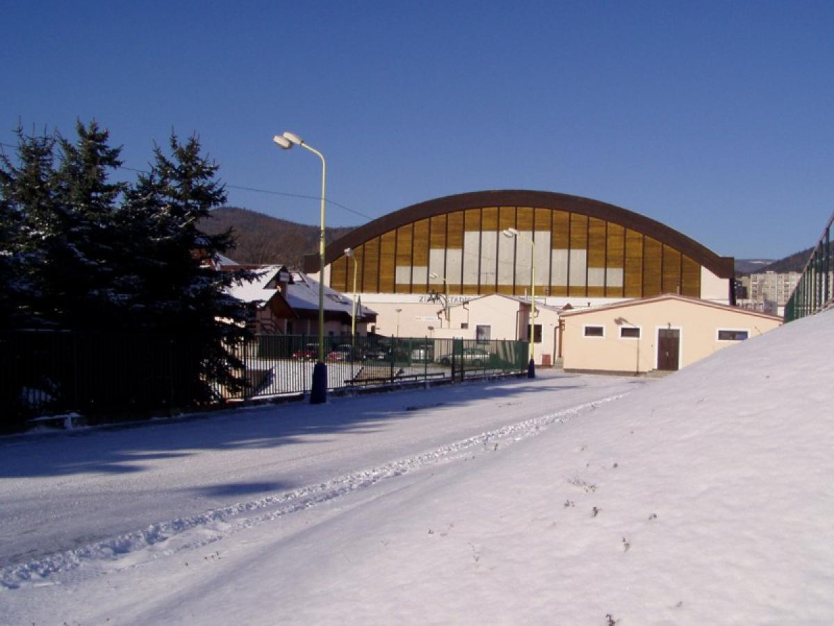 Verschneite Szene mit einem großen Gebäude, möglicherweise einer Sportarena, und einer Straße, die dorthin führt.