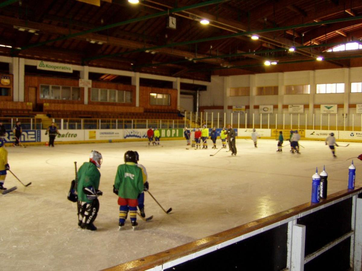 Eishockeytraining auf einer Eisbahn. Kinder in bunter Ausrüstung mit Schlägern laufen Schlittschuh und spielen.