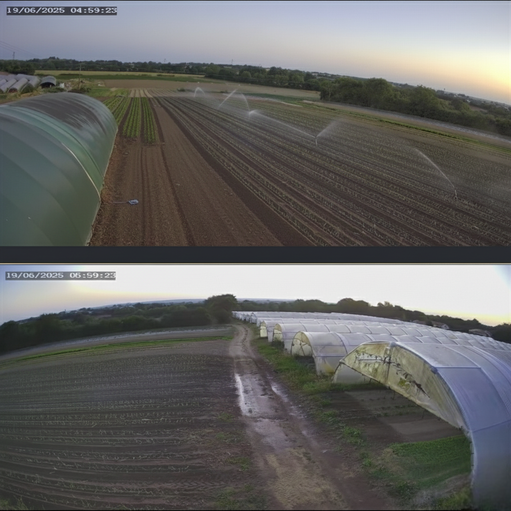 De vastes champs cultivés, avec des tunnels recouverts de plastique et des rangées de cultures au crépuscule