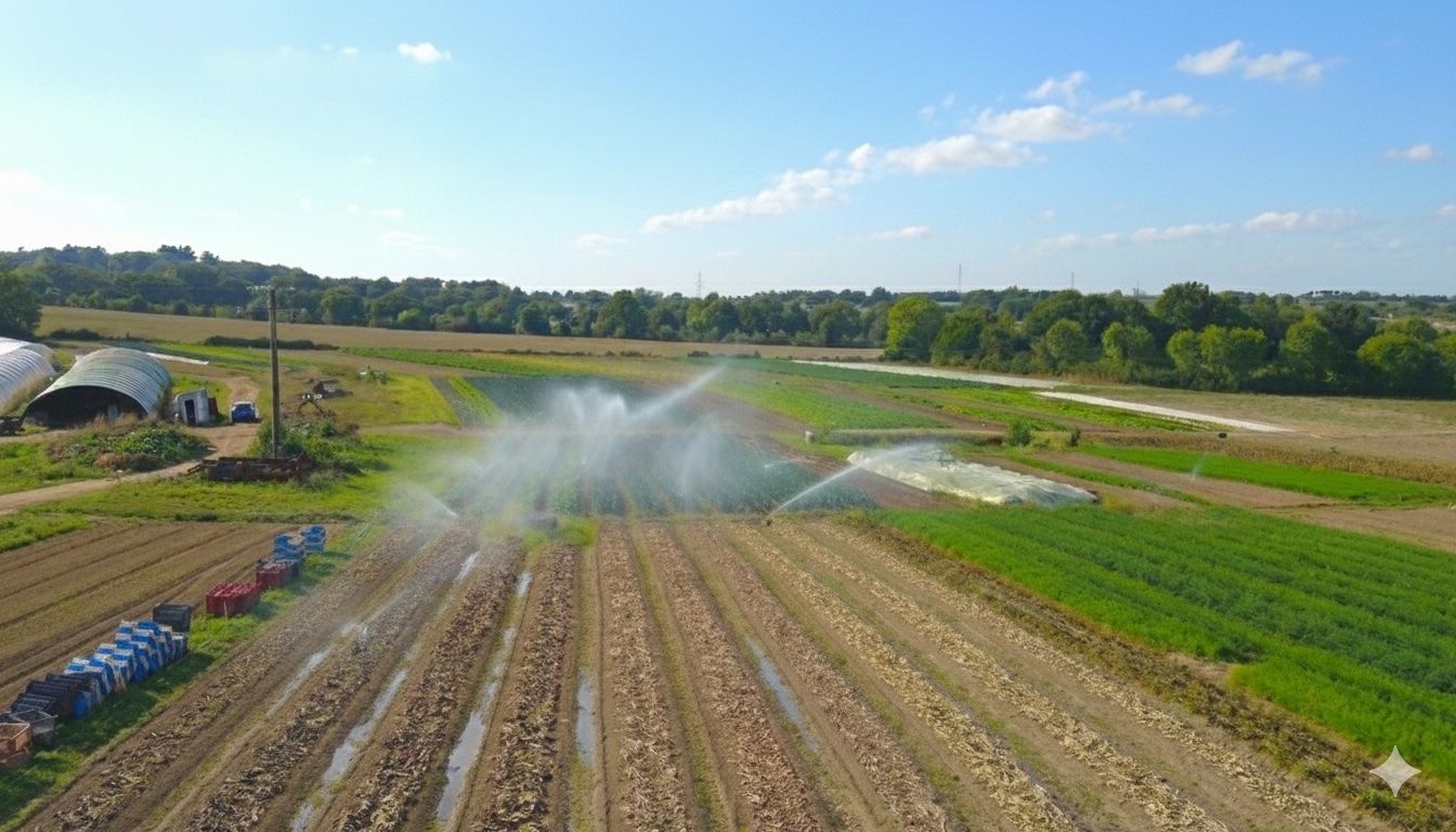 L'irrigation projette de l'eau sur des rangées de cultures dans un champ rural ensoleillé sous un ciel bleu.