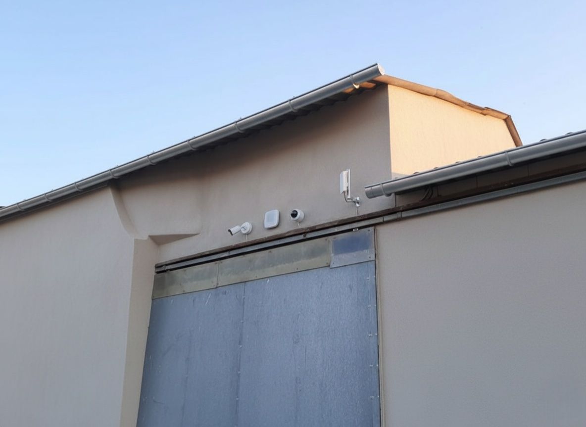 Mur et toiture d'un bâtiment industriel avec une grande porte métallique grise sous un ciel bleu clair