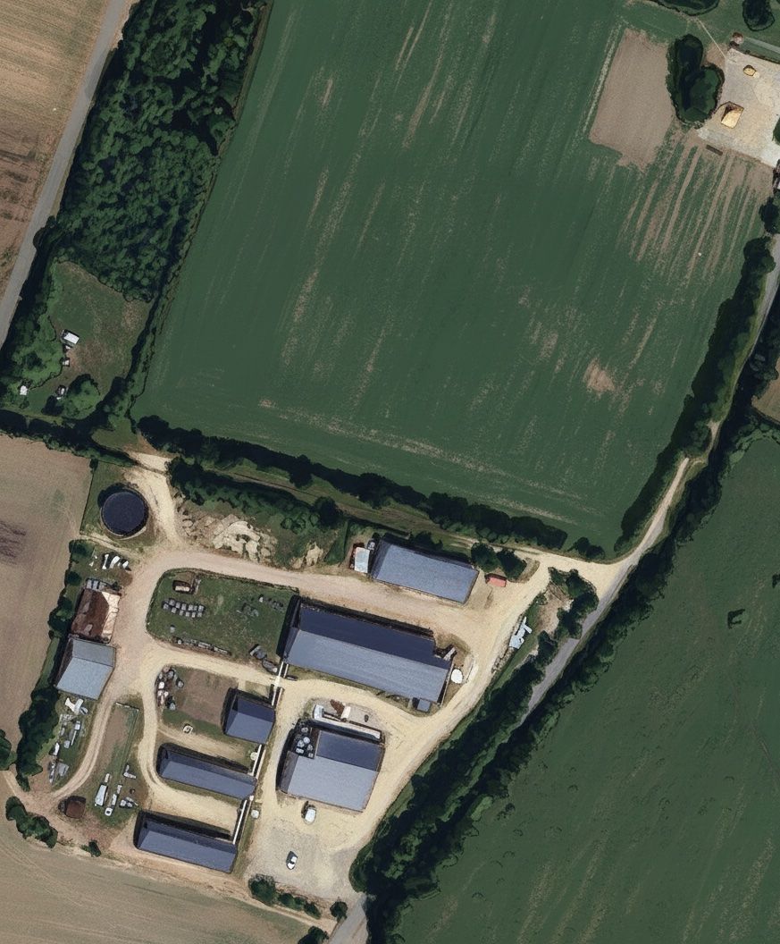 Vue aérienne d'une ferme rurale avec plusieurs granges bordant de grands champs verdoyants