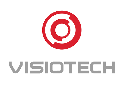 Logo Visiotech avec une icône circulaire rouge au-dessus d'un nom de marque gris sur fond blanc