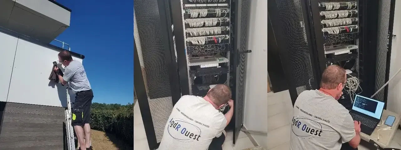 Technicien AGDR Ouest en maintenance sur une caméra extérieure et une baie informatique