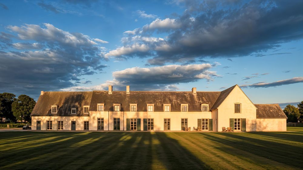 Longue maison de campagne blanche au toit sombre, sur une pelouse verdoyante sous un ciel bleu au coucher du soleil