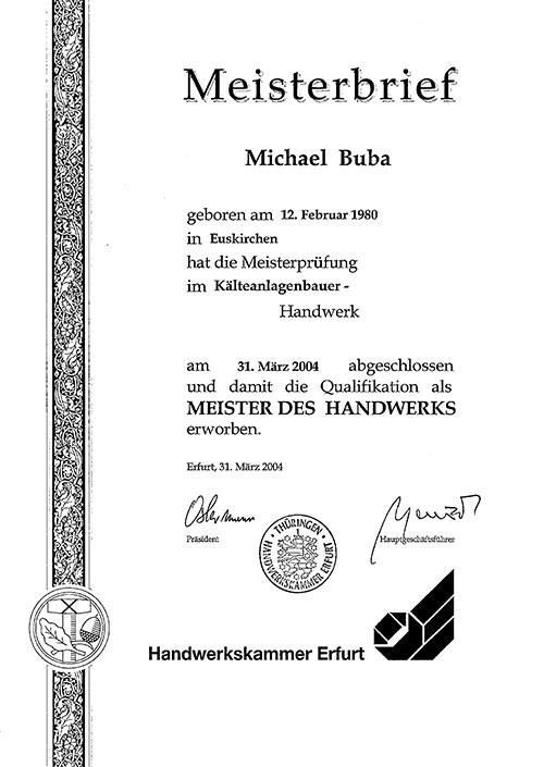 Meisterbrief Michael Buba