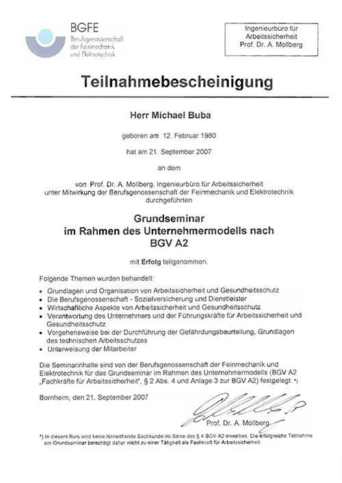 Teilnahmebescheinigung Grundseminar BGV A2