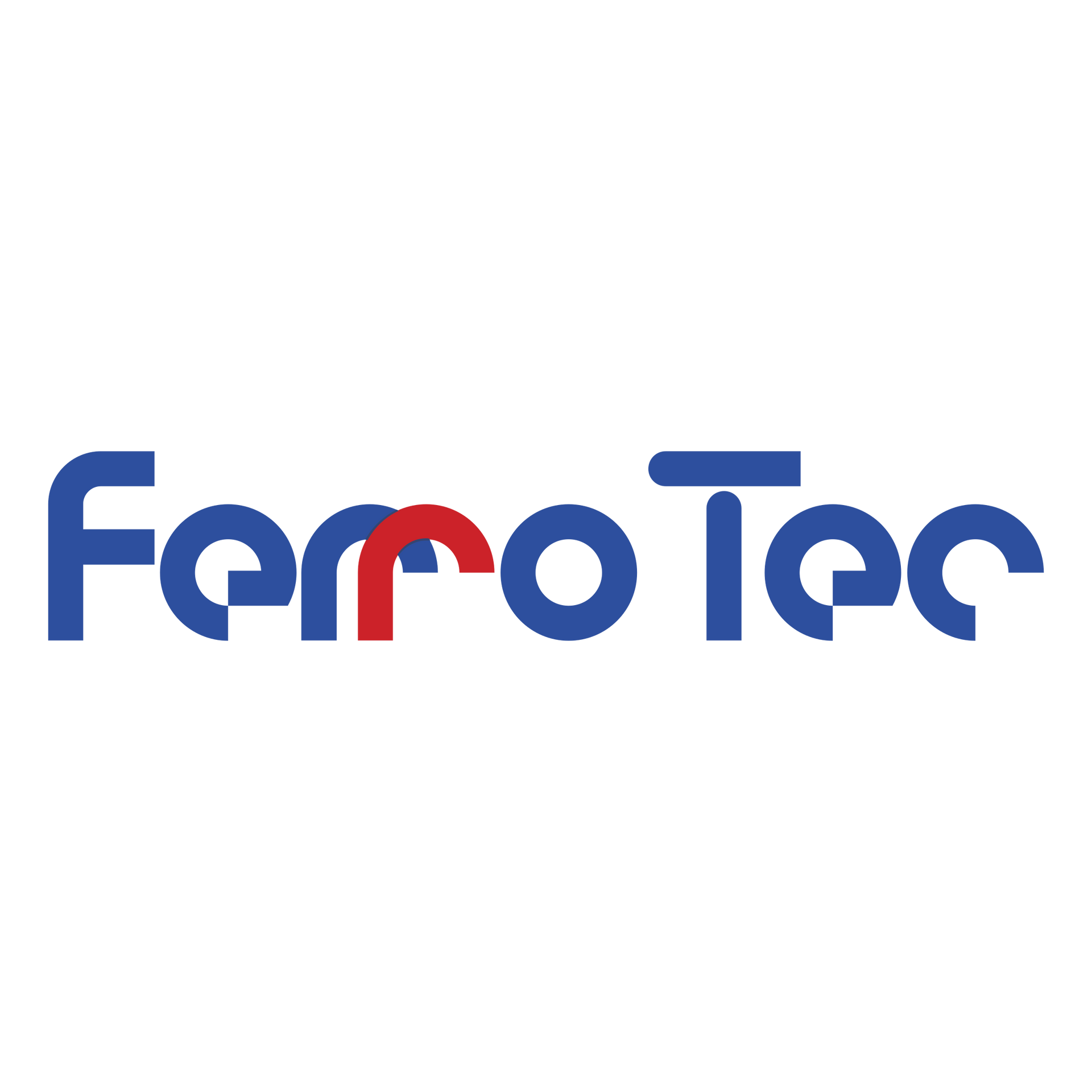El logotipo de ferro tec es azul y rojo sobre un fondo blanco.